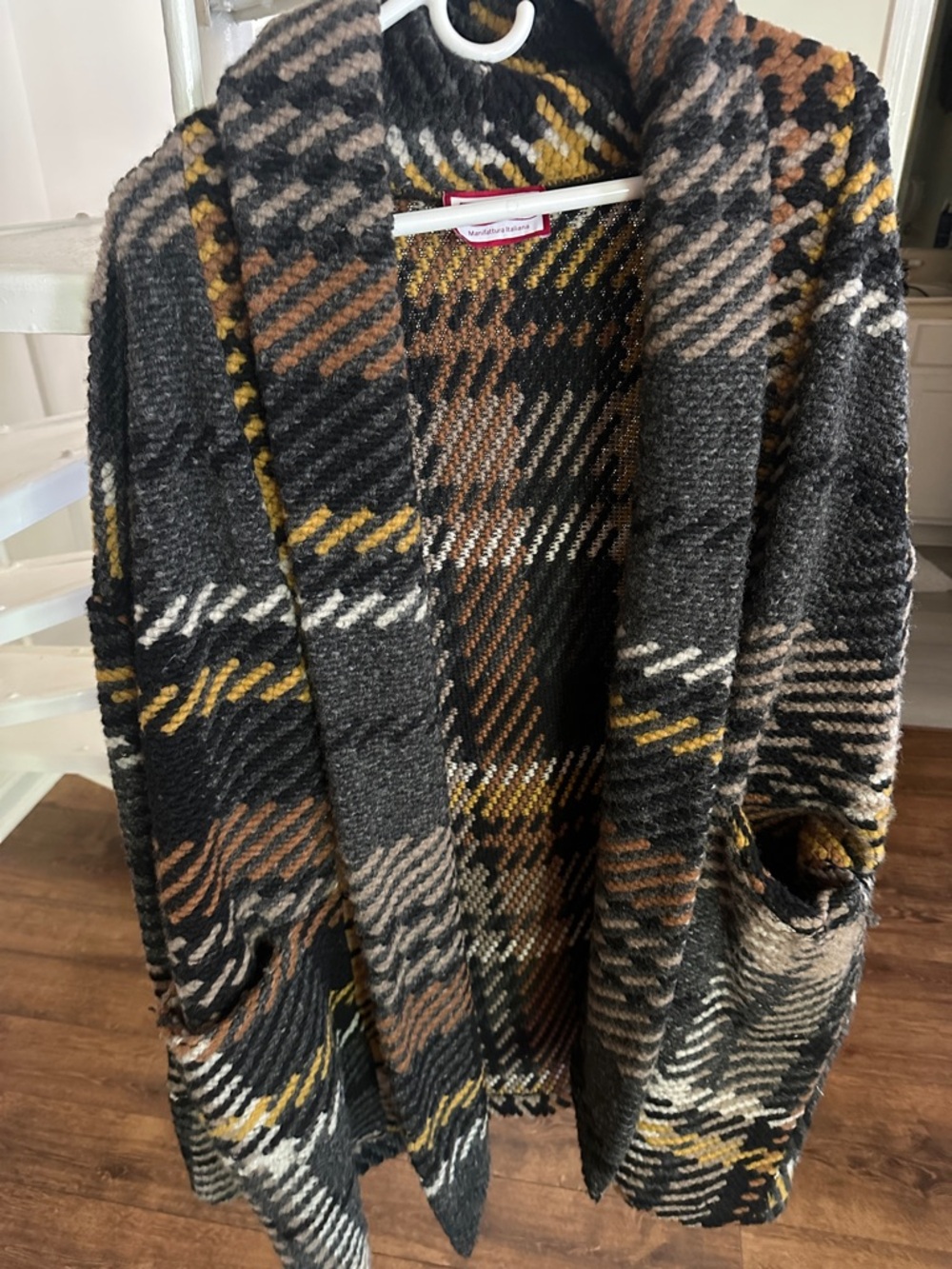 Zenobia Black, Brown & Mustard Plaid Open Front Coatigan Made In Italy 🇮🇹